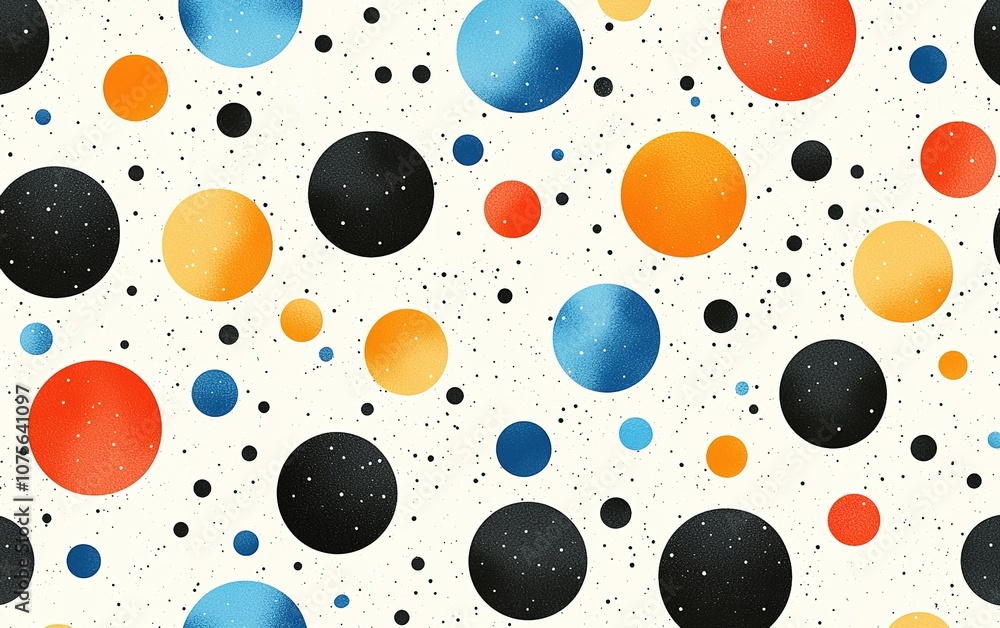 Poster colorful abstract pattern featuring varying sizes of circles against a light background with a playf