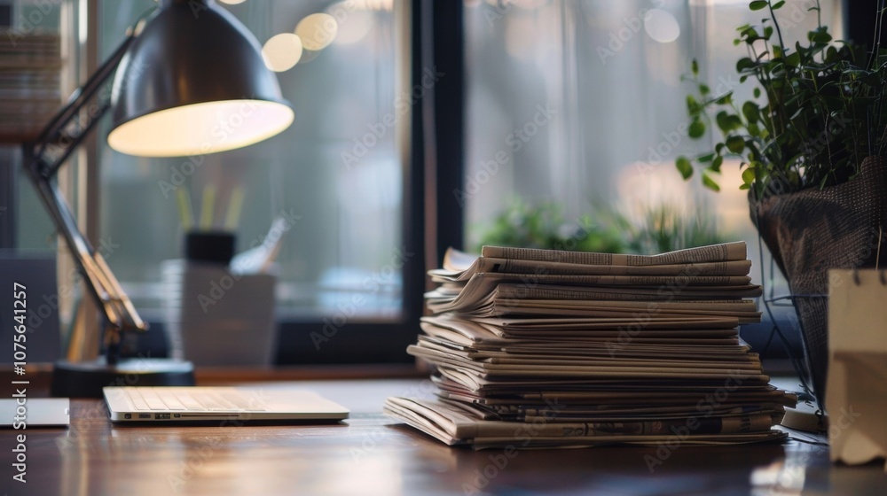Poster a sleek desk with a reading lamp and a stack of newspapers ideal for catching up on current events.