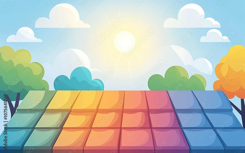 Poster colorful tiles arranged in a vibrant pattern under a bright sun with clouds and trees in a cheerful 