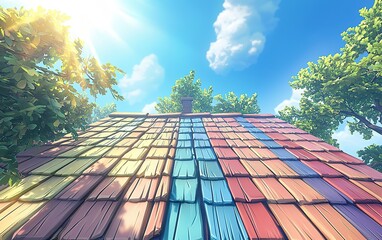 Colorful wooden shingles on a sloped roof under a bright blue sky with fluffy clouds on a sunny day