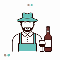 A man in a hat and apron holding a wine bottle and a wine glass. The man is smiling and he is a wine connoisseur