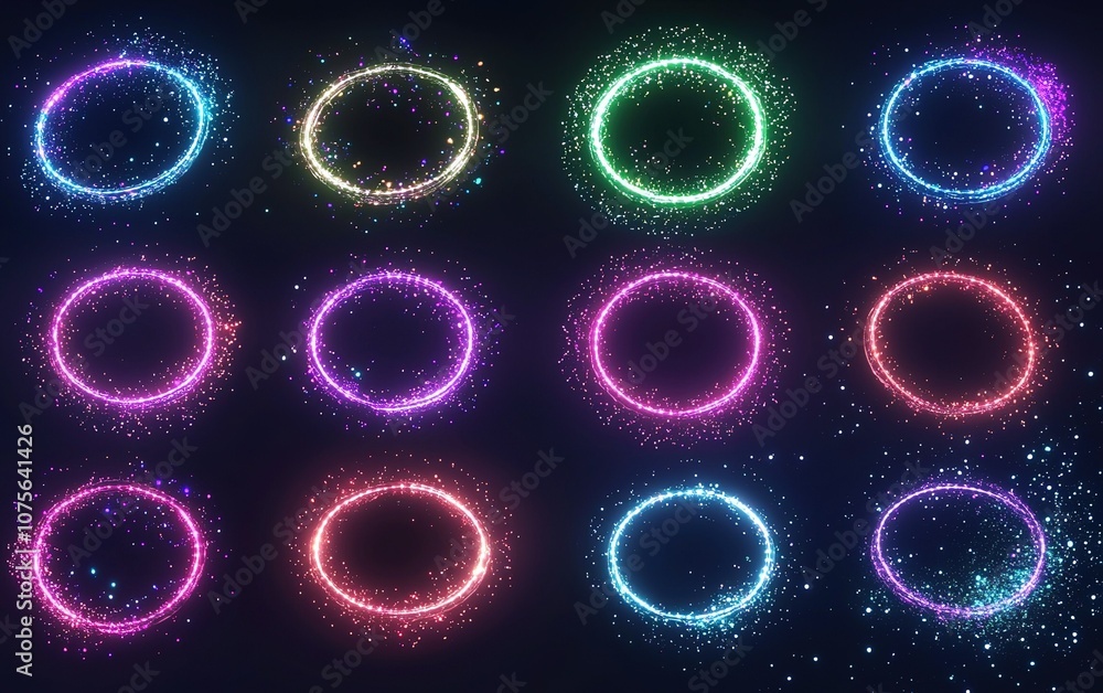 Poster colorful glowing circles with sparkling effects displayed in a grid pattern on a dark background, cr