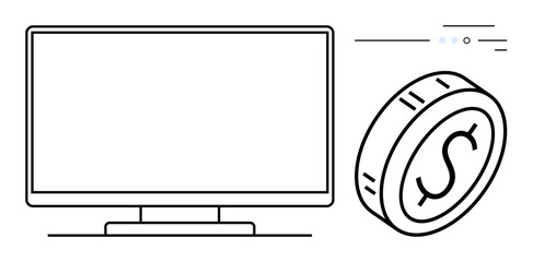 Flat screen monitor and coin with dollar sign indicating online transactions or financial technology themes. Ideal for e-commerce, fintech, digital banking, online payments, investment management