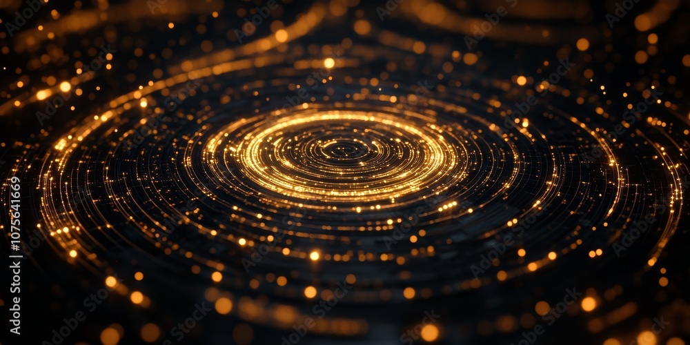 Poster an abstract illustration of quantum physics, showing infinite connections and complexities with inte