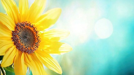 Obraz premium Yellow sunflower in vase on blue-green background, sun shining in distance