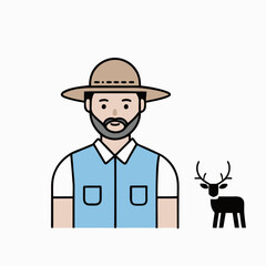A man wearing a hat and a blue vest stands next to a deer. The man is wearing a hat and a blue vest, which suggests that he might be a farmer or a rancher. The deer is standing nearby