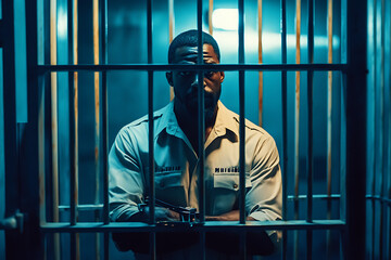  A handcuffed man stands behind bars in a police station, emphasizing themes of law enforcement, justice, and criminal detention 