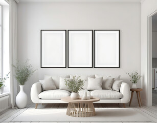 Three vertical ISO A2 frame mockup, reflective glass, mockup poster on the wall of living room. Interior mockup. Apartment background. Modern Scandinavian Bohemian interior design. 3D render