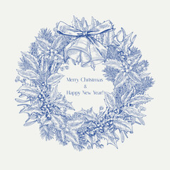 Toile Christmas wreath with fir branches holly bells bow mistletoe berries. Blue beige. Vector vintage botanical illustration. Hand drawn elements. Background for design greeting card, holiday decor © Olha
