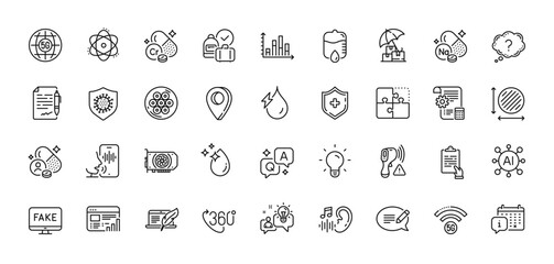 Calendar, Atom and Clipboard line icons pack. AI, Question and Answer, Map pin icons. Voicemail, Diagram graph, Fake news web icon. Sodium mineral, 5g wifi, Medical shield pictogram. Vector