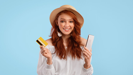 Online Shopping App. Happy Girl Holding Smartphone And Credit Card Purchasing Clothes From Home Standing On Pink Studio Background. Panorama