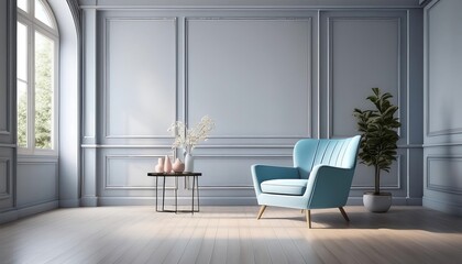  A light gray room with a pastel blue chair, classic panels, and a large window, perfect_1(385)