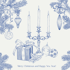 Vintage Christmas illustration with candlestick, gift box, balls, candle, bow, fir branch, holly, toys, bells. Blue beige. Hand drawn elements Vector background for design holiday decor, greeting card