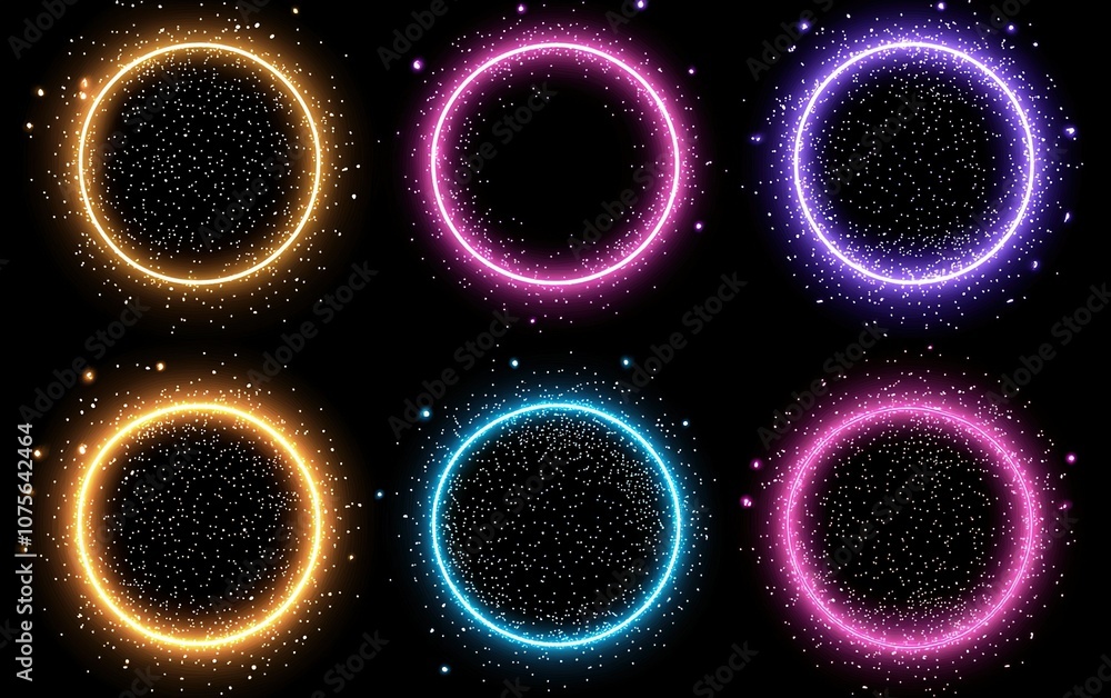 Poster colorful glowing ring shapes with sparkling particles on a black background for graphic design and c