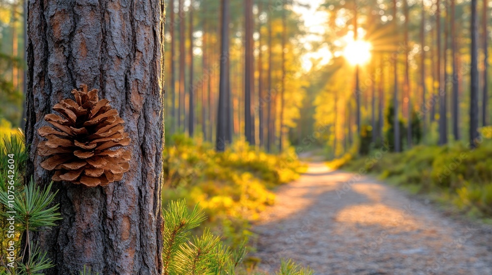 Poster pine cone on a tree trunk with a path through the forest and the sun shining in the background.