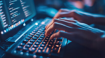 Person typing on a laptop in a dimly lit room during evening hours