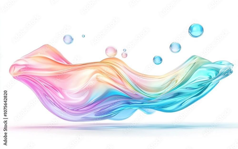 Poster flowing abstract digital art in vibrant colors with bubbles on a white background creating a serene 
