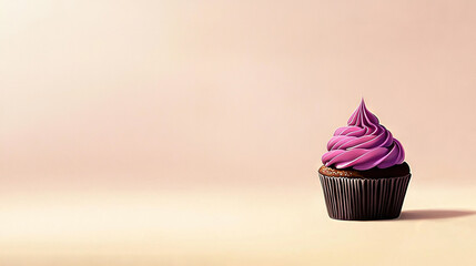   A chocolate cupcake with purple frosting on a pink background with a caption in the center
