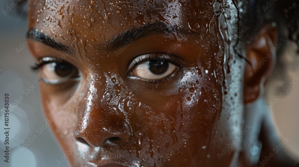 Poster a closeup of a dancers sweaty face showing the physical exertion and emotion put into a routine.