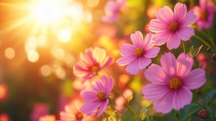 Pink cosmos flowers blooming in a field with the sun shining brightly in the background.
