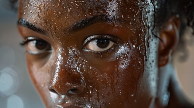 A closeup of a dancers sweaty face showing the physical exertion and emotion put into a routine.