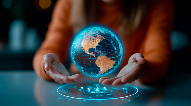 A mesmerizing holographic projection of Earth suspended in mid-air, showcasing its vibrant continents and oceans, as a person gazes in awe, bridging technology and nature at dusk - Powered by Adobe