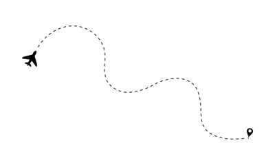 Airplane flying and dotted line. Flight routes.  Plane track to point with dashed line way or air lines on white background. Map marker location pin.