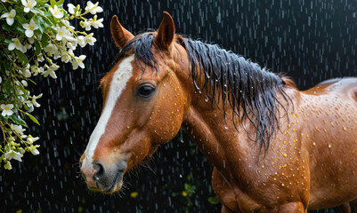 A brown horse stands in the rain, its coat glistening with water droplets