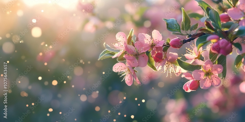 Poster delicate pink blossoms emerge in the soft light of spring. the background features a gentle bokeh ef