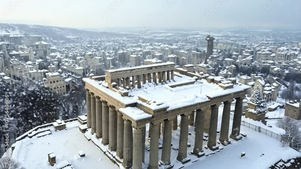 Poster aerial view of greek structure covered in snow during winter generative ai