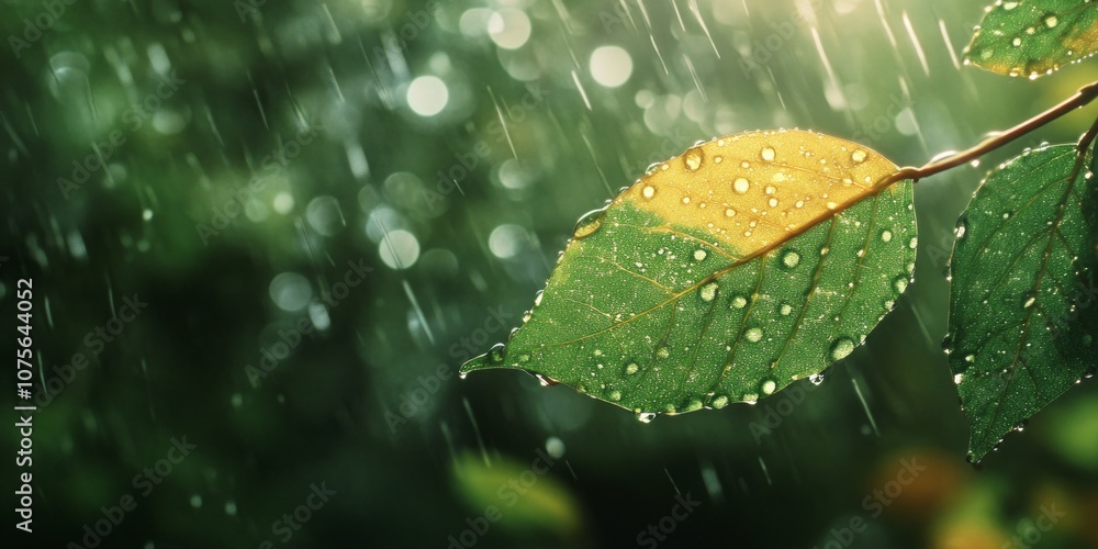 Poster a close-up view of a leaf drenched in fresh rain. the droplets catch the light, creating a serene at