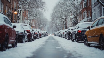 Fototapeta premium A snow-covered street lined with parked cars in a residential neighborhood.