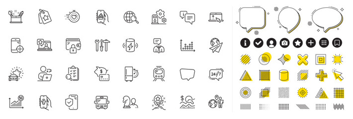 Set of Piggy bank, Swipe up and Chess line icons for web app. Design elements, Social media icons. Spanner tool, Online rating, Chat message icons. Timer, Charge battery, Wallet signs. Vector