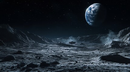 Modern lunar lander descending on Moons surface with thrusters