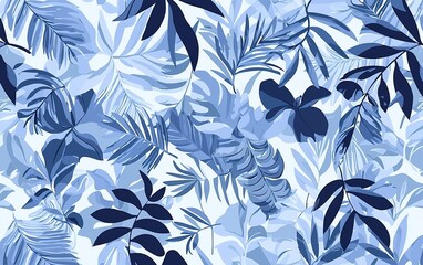 Fototapeta premium Elegant blue tropical foliage pattern with varying leaf shapes and shades creating a serene atmosphere
