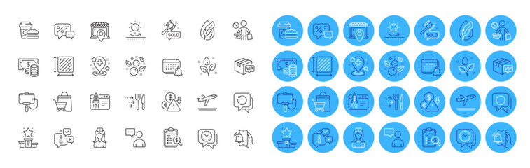 Food delivery, Sale bags and Clean bubbles line icons pack. Accounting report, Users chat, Hypoallergenic tested web icon. Auction hammer, Notification, Clock pictogram. Winner podium. Vector