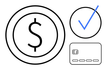 Dollar sign in a circle, a check mark in another circle, and a credit card. Ideal for finance, banking, transactions, e-commerce, online payments budgeting accounting. Line metaphor