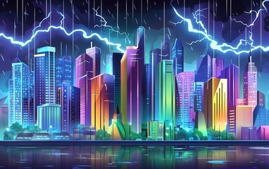 A vibrant city skyline illuminated by colorful lights during a thunderstorm at night with rain and lightning across the sky