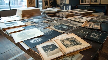 A table covered in vintage photographs and documents, with stacks of paper and a black and white photo in the background.
