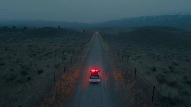 Police car with flashing lights on dark desert road. Area 51 restricted zone entrance. Night patrol concept. Mysterious scene