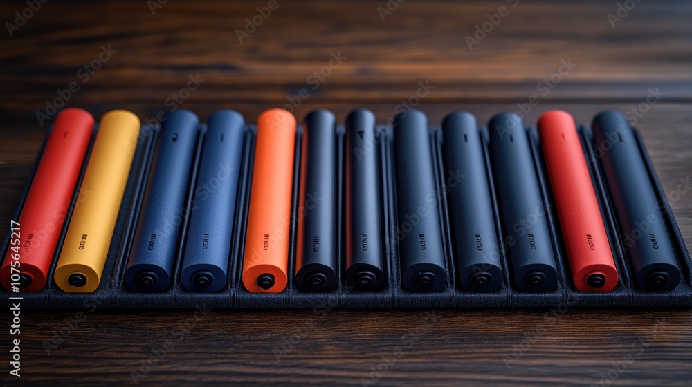 Poster row of colorful cylindrical objects on a wooden surface.