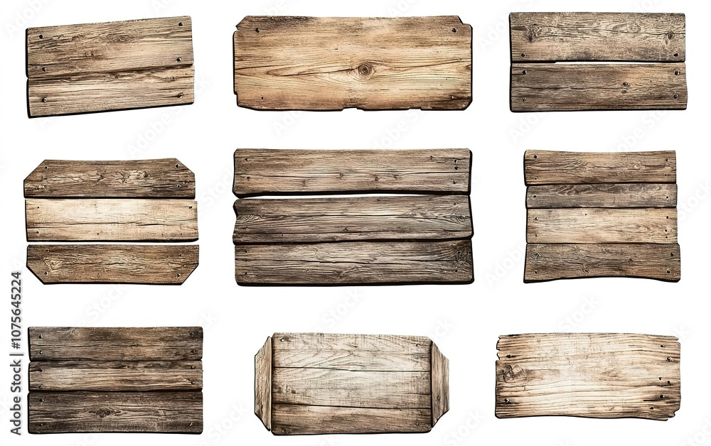 Poster a collection of rustic wooden signboards arranged in a grid, showcasing various shapes and textures 