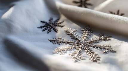 Embroidered snowflake on fabric in close-up view