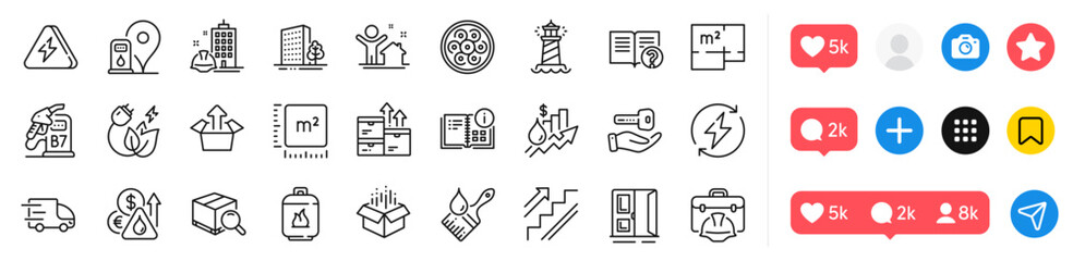Diesel station, Open door and Square meter line icons pack. Social media icons. Wholesale goods, Brush, Search package web icon. Buildings, Petrol station, New house pictogram. Vector