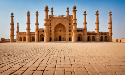 Fototapeta premium A large mosque with multiple towers stands in a sunny courtyard, showcasing impressive architecture in a historic site in India