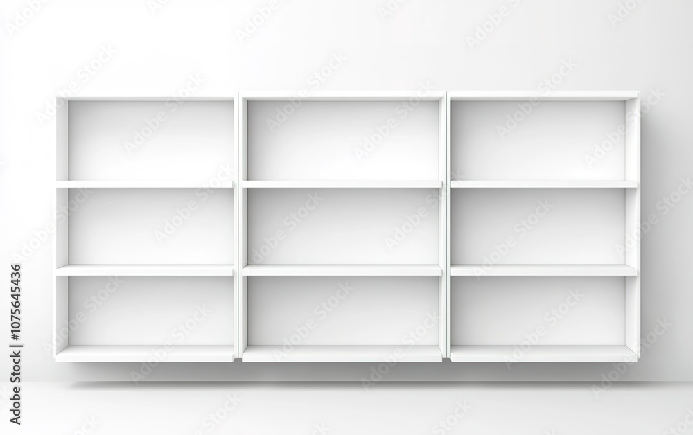 Poster modern white shelving unit with multiple compartments positioned against a clean wall in a minimalis