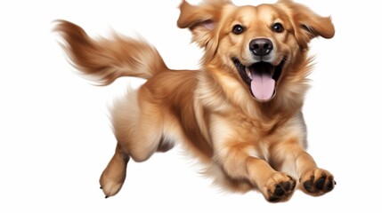 Joyful golden retriever dog in midair, perfect for pet themed designs and playful canine imagery