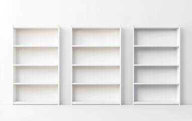 Three empty white bookshelves arranged side by side against a plain wall, highlighting minimalist design and spaciousness