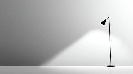  A black & white image of a floor lamp with a shadow on the wall and a white background