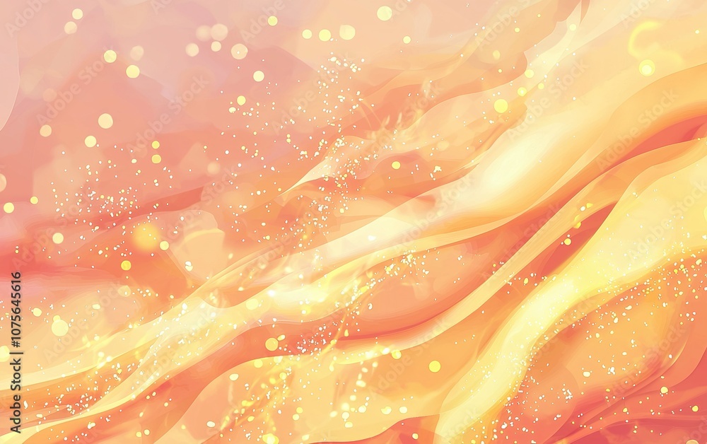 Poster vibrant orange and yellow abstract background with flowing shapes and sparkling particles for artist